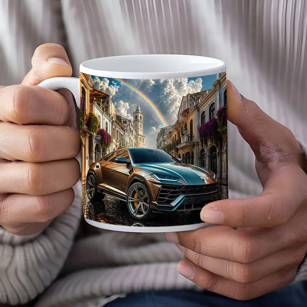 Lamborghini Urus On Cobblestone Street Rainbow Sky – Mugs