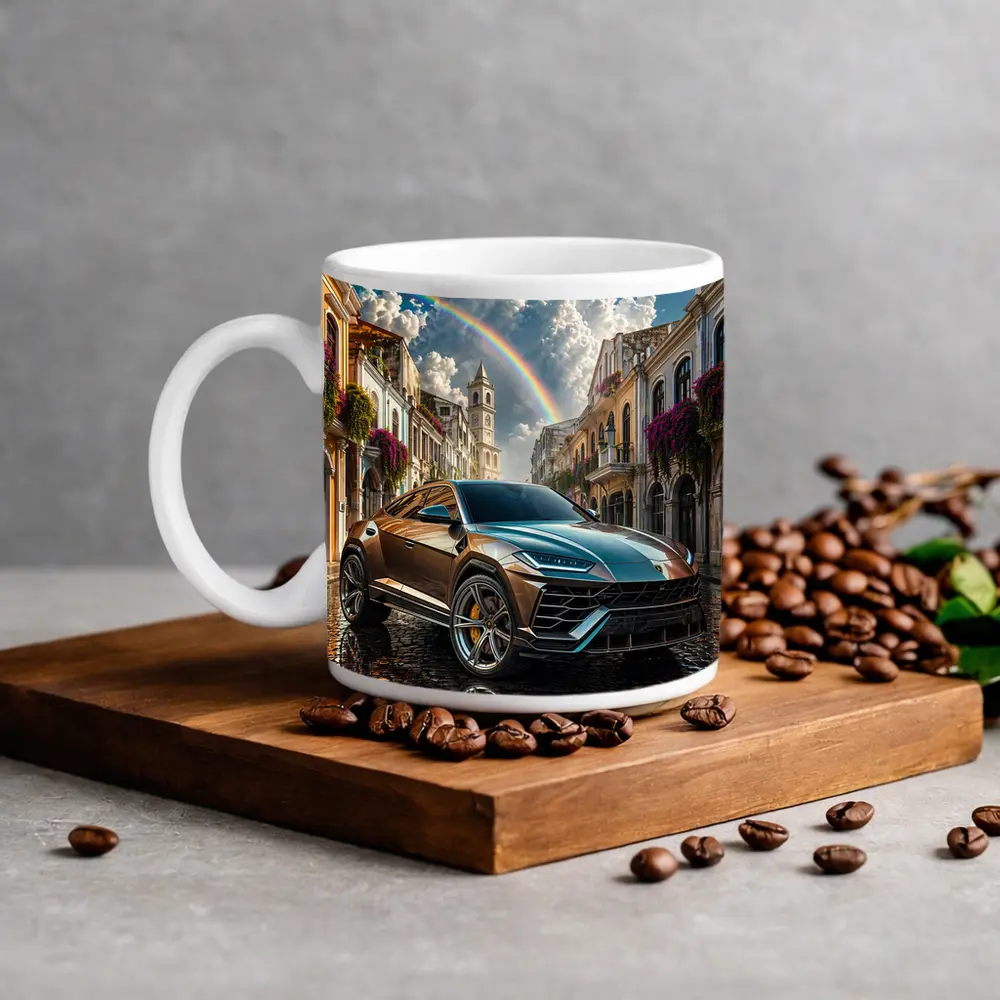 Lamborghini Urus On Cobblestone Street Rainbow Sky – Mugs