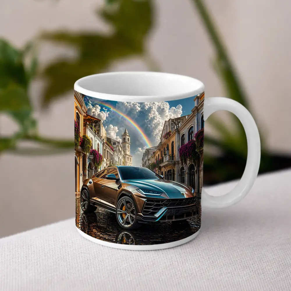 Lamborghini Urus On Cobblestone Street Rainbow Sky – Mugs