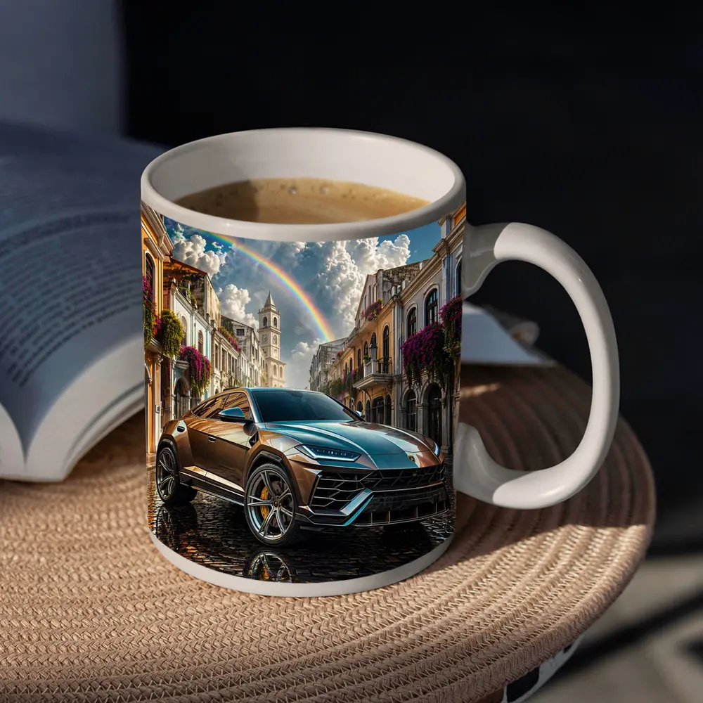 Lamborghini Urus On Cobblestone Street Rainbow Sky – Mugs