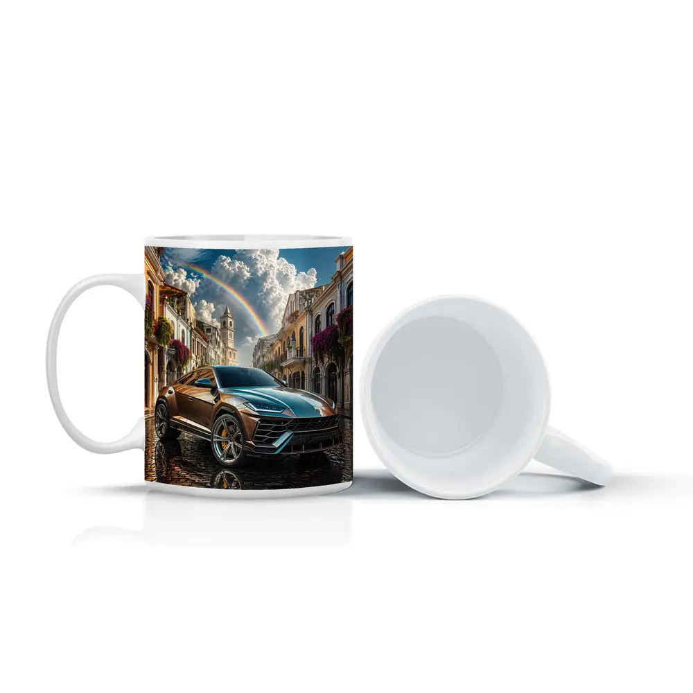 Lamborghini Urus On Cobblestone Street Rainbow Sky – Mugs