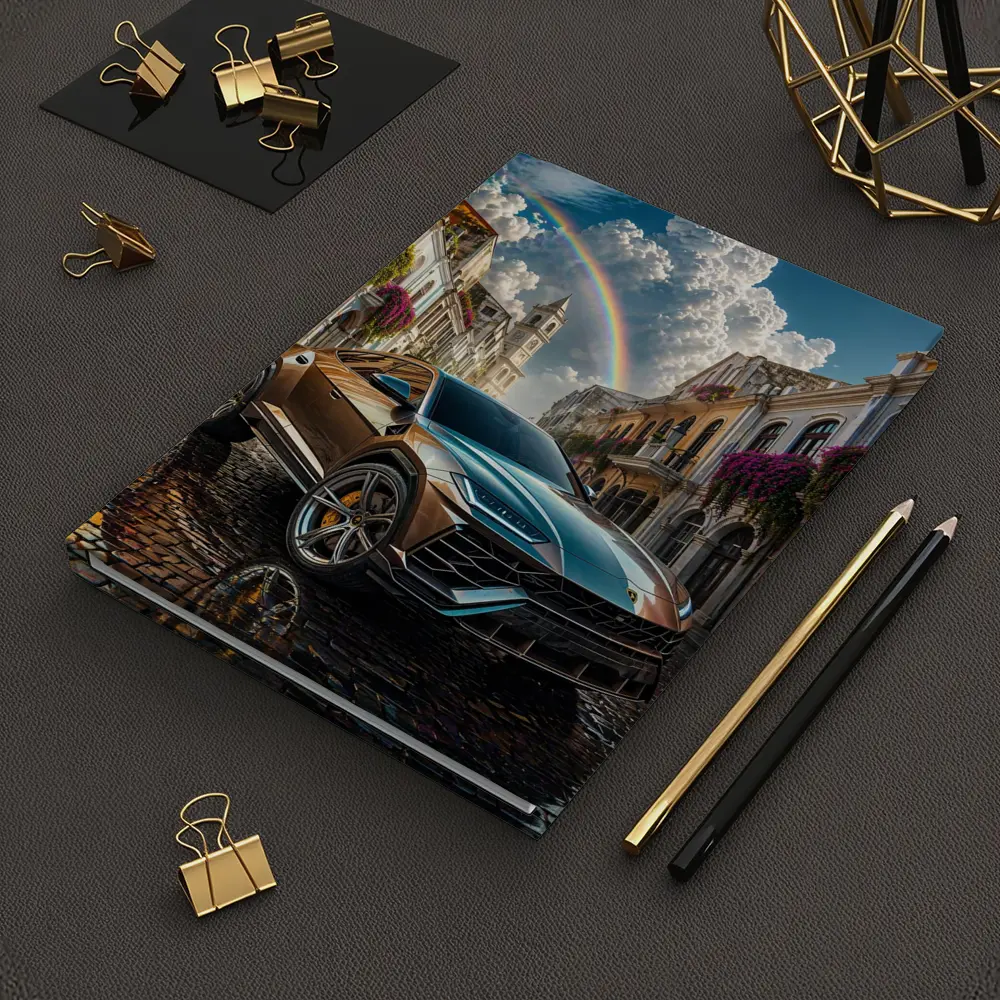 Lamborghini Urus On Cobblestone Street Rainbow Sky – Notebooks