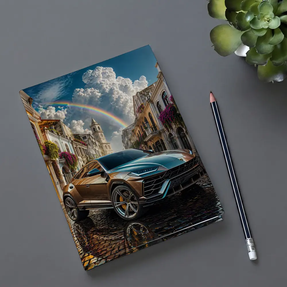Lamborghini Urus On Cobblestone Street Rainbow Sky – Notebooks