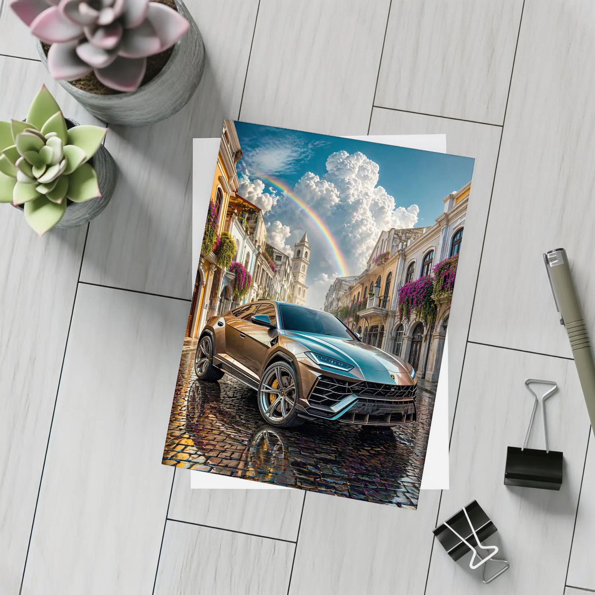 Lamborghini Urus On Cobblestone Street Rainbow Sky – Postcards