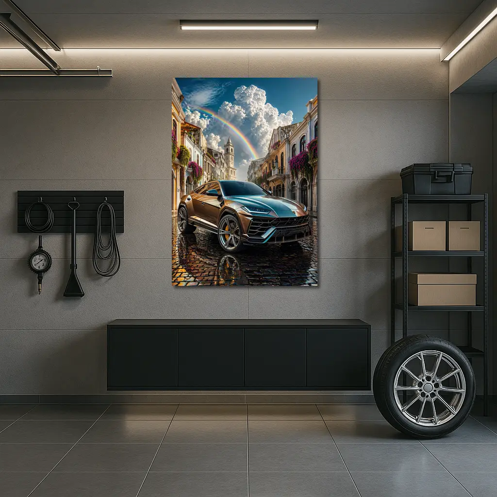 Lamborghini Urus On Cobblestone Street Rainbow Sky – Wall Art