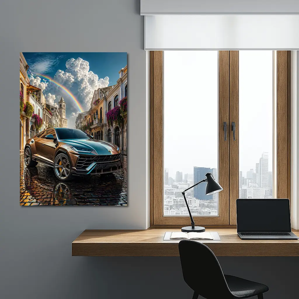 Lamborghini Urus On Cobblestone Street Rainbow Sky – Wall Art