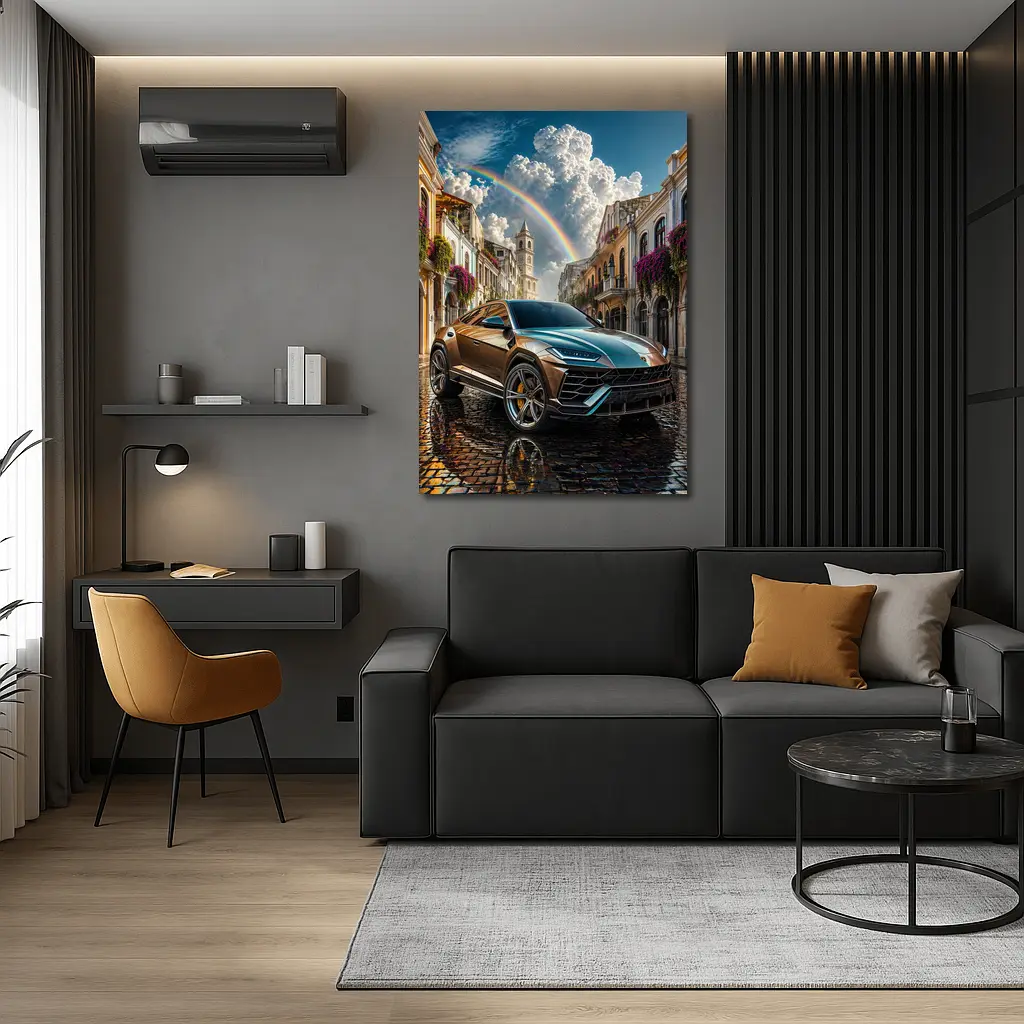 Lamborghini Urus On Cobblestone Street Rainbow Sky – Wall Art