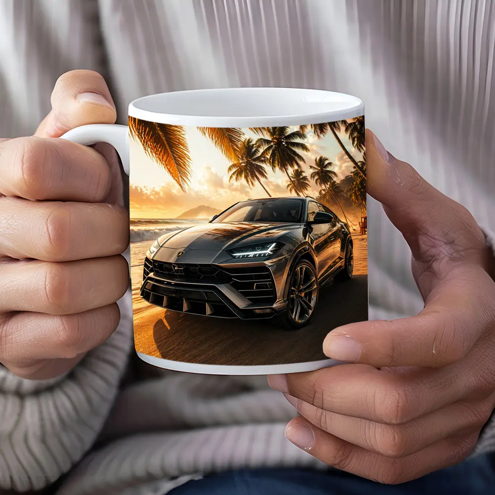 Lamborghini Urus on Tropical Beach Sunset – Mugs