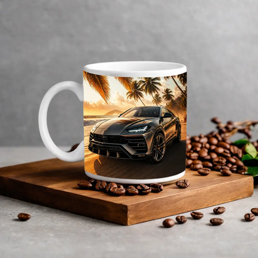 Lamborghini Urus on Tropical Beach Sunset – Mugs