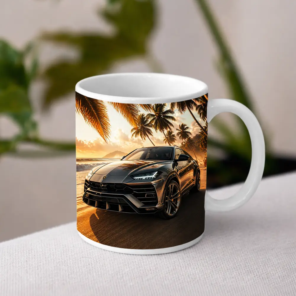 Lamborghini Urus on Tropical Beach Sunset – Mugs