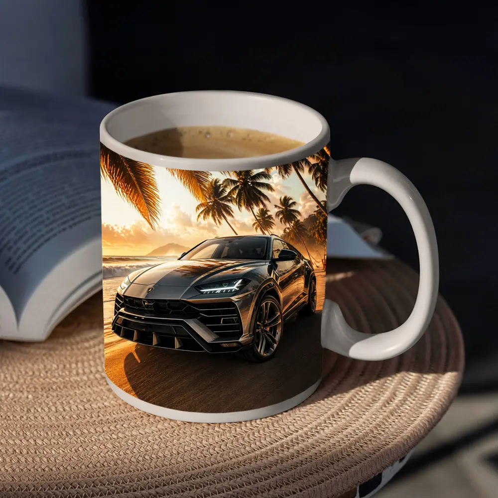 Lamborghini Urus on Tropical Beach Sunset – Mugs