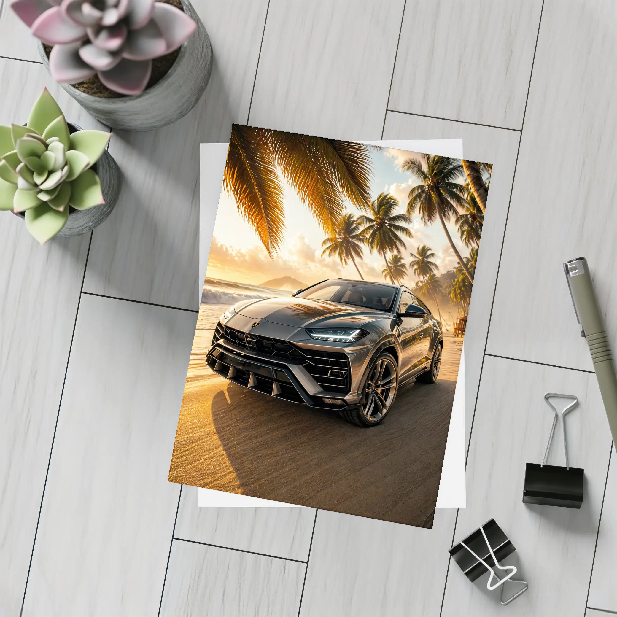 Lamborghini Urus on Tropical Beach Sunset – Postcards
