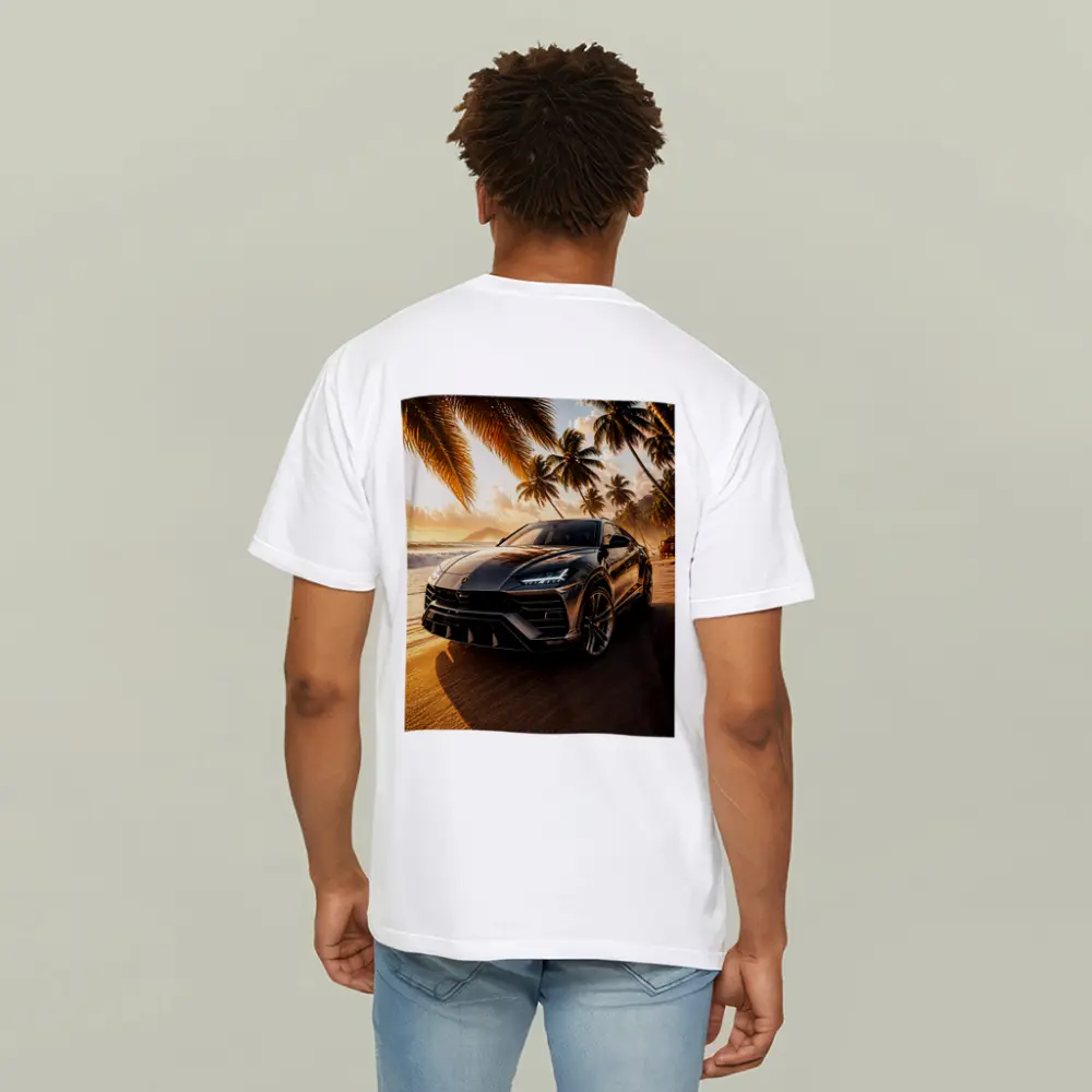 Lamborghini Urus on Tropical Beach Sunset – T-Shirts