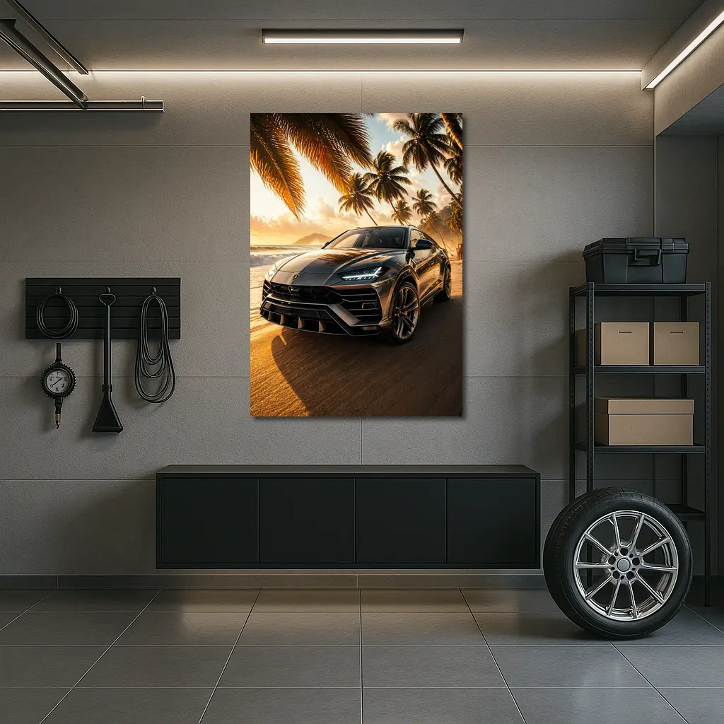Lamborghini Urus on Tropical Beach Sunset – Wall Art