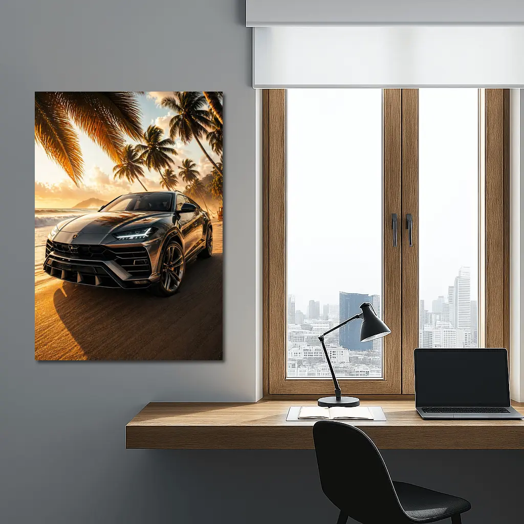 Lamborghini Urus on Tropical Beach Sunset – Wall Art