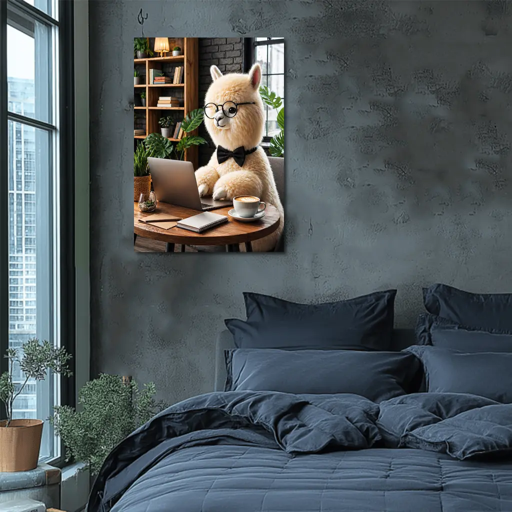 Alpaca Working at Laptop Cozy Cafe – Wall Art