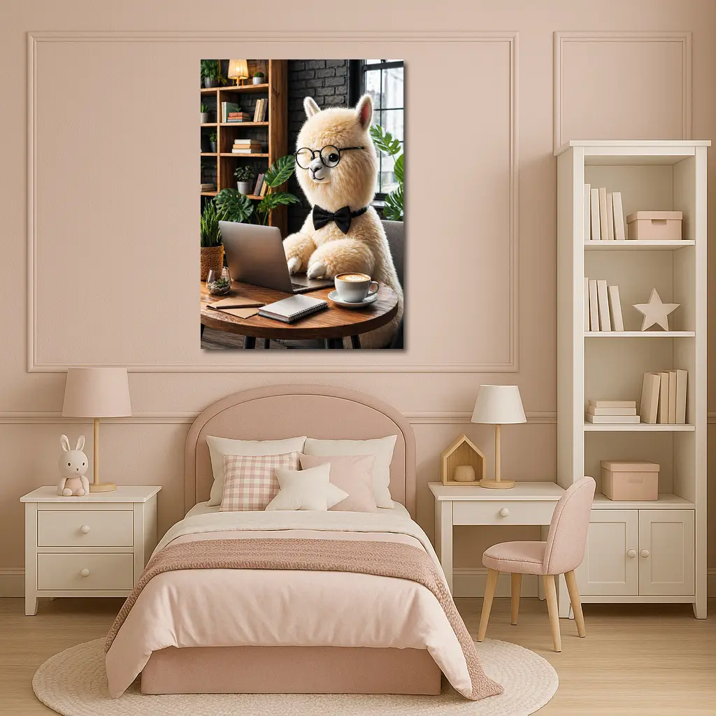 Alpaca Working at Laptop Cozy Cafe – Wall Art
