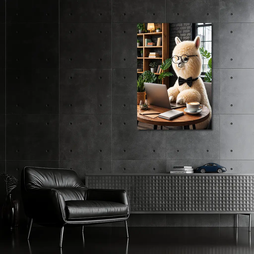 Alpaca Working at Laptop Cozy Cafe – Wall Art