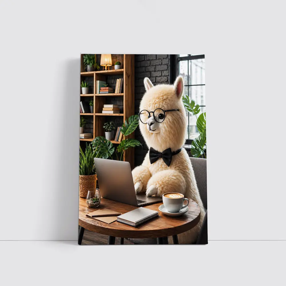 Alpaca Working at Laptop Cozy Cafe – Wall Art