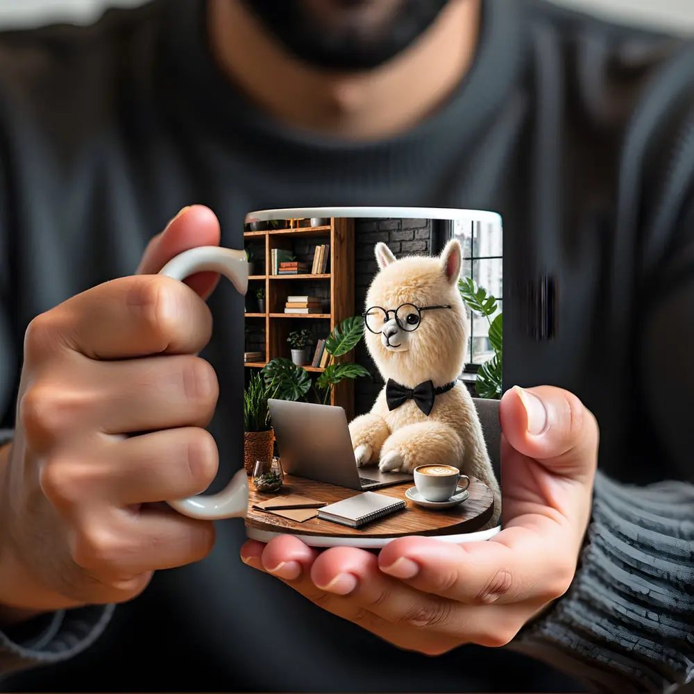 Alpaca Working at Laptop Cozy Cafe – Mugs