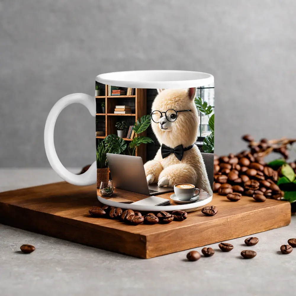 Alpaca Working at Laptop Cozy Cafe – Mugs