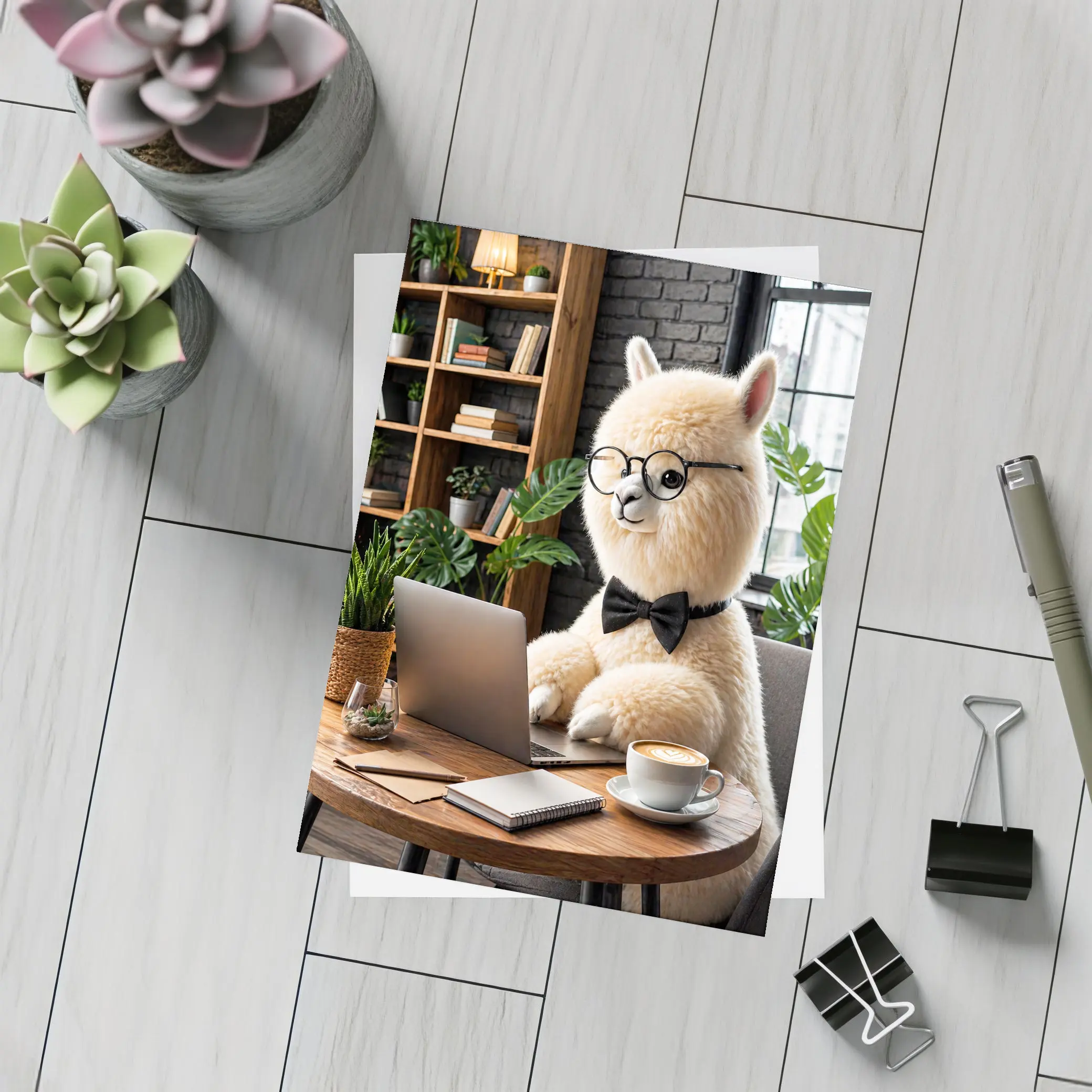 Alpaca Working at Laptop Cozy Cafe – Postcards
