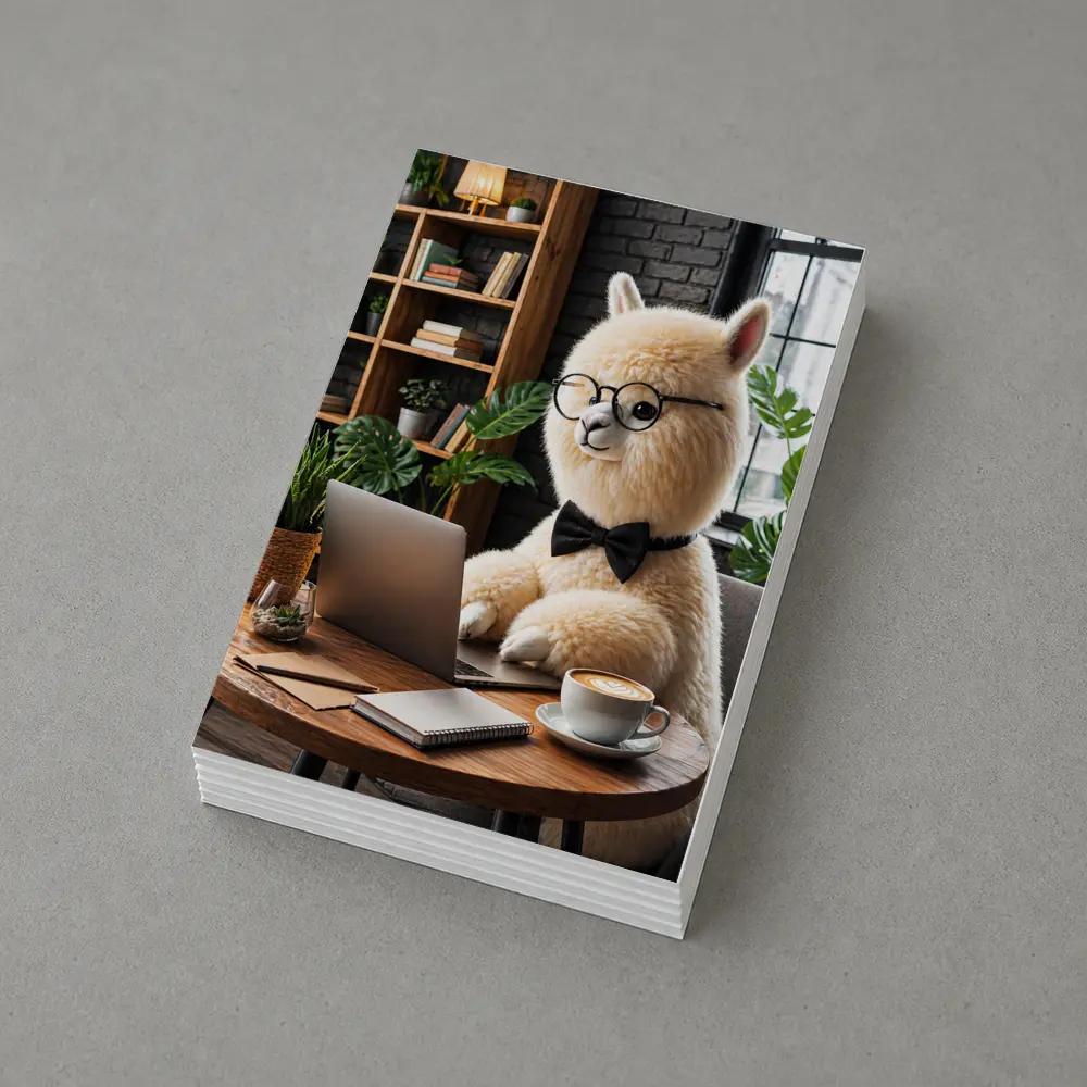 Alpaca Working at Laptop Cozy Cafe – Postcards