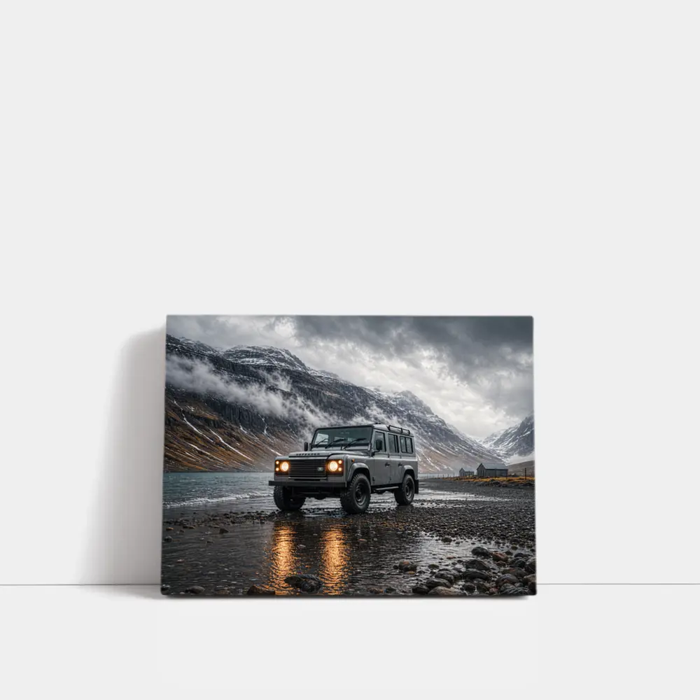 Land Rover Defender Parked On Rocky Shore – Wall Art