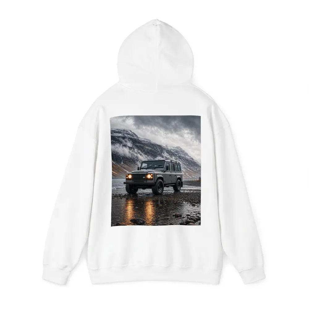Land Rover Defender Parked On Rocky Shore – Hoodies