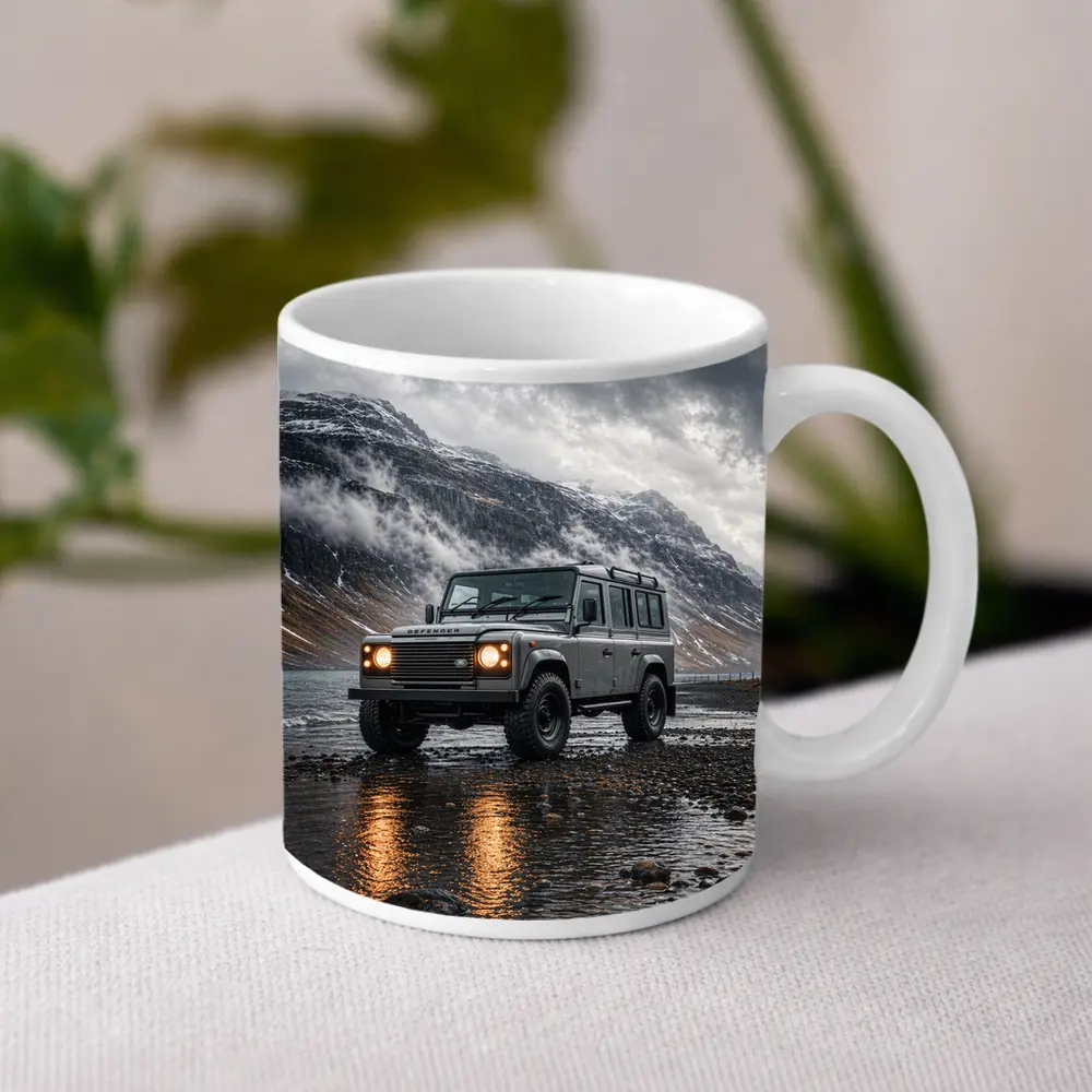 Land Rover Defender Parked On Rocky Shore – Mugs