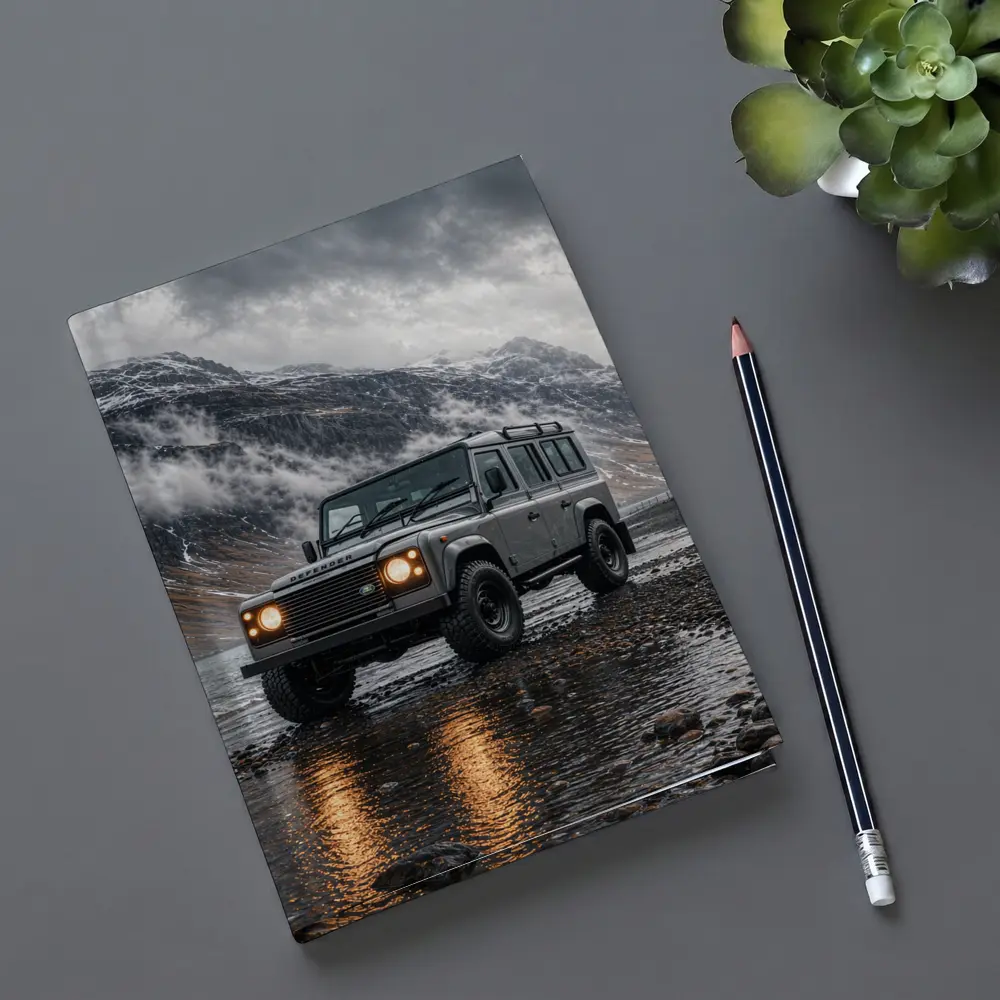 Land Rover Defender Parked On Rocky Shore – Notebooks