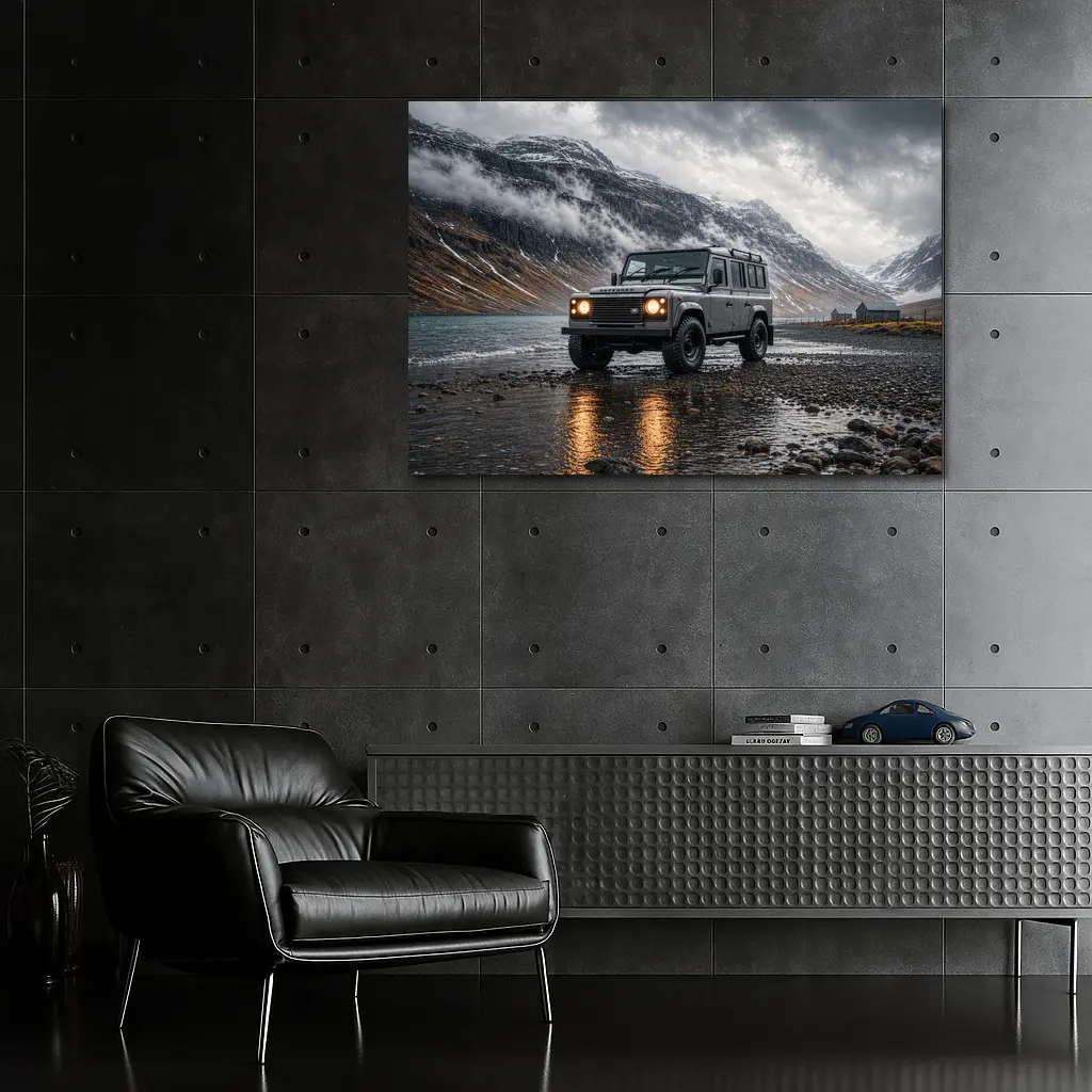 Land Rover Defender Parked On Rocky Shore – Wall Art