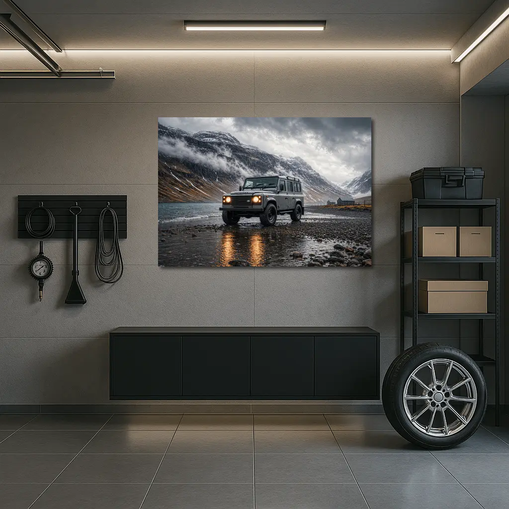 Land Rover Defender Parked On Rocky Shore – Wall Art