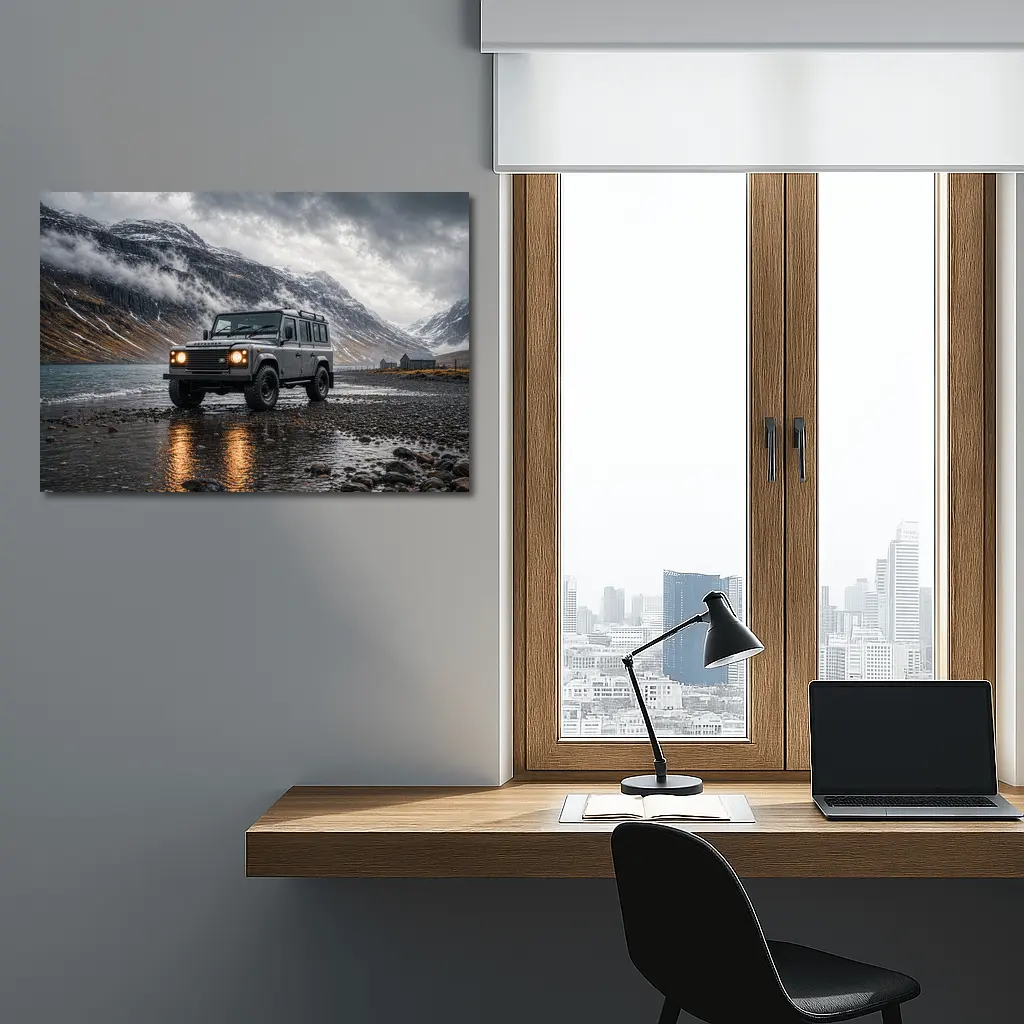 Land Rover Defender Parked On Rocky Shore – Wall Art