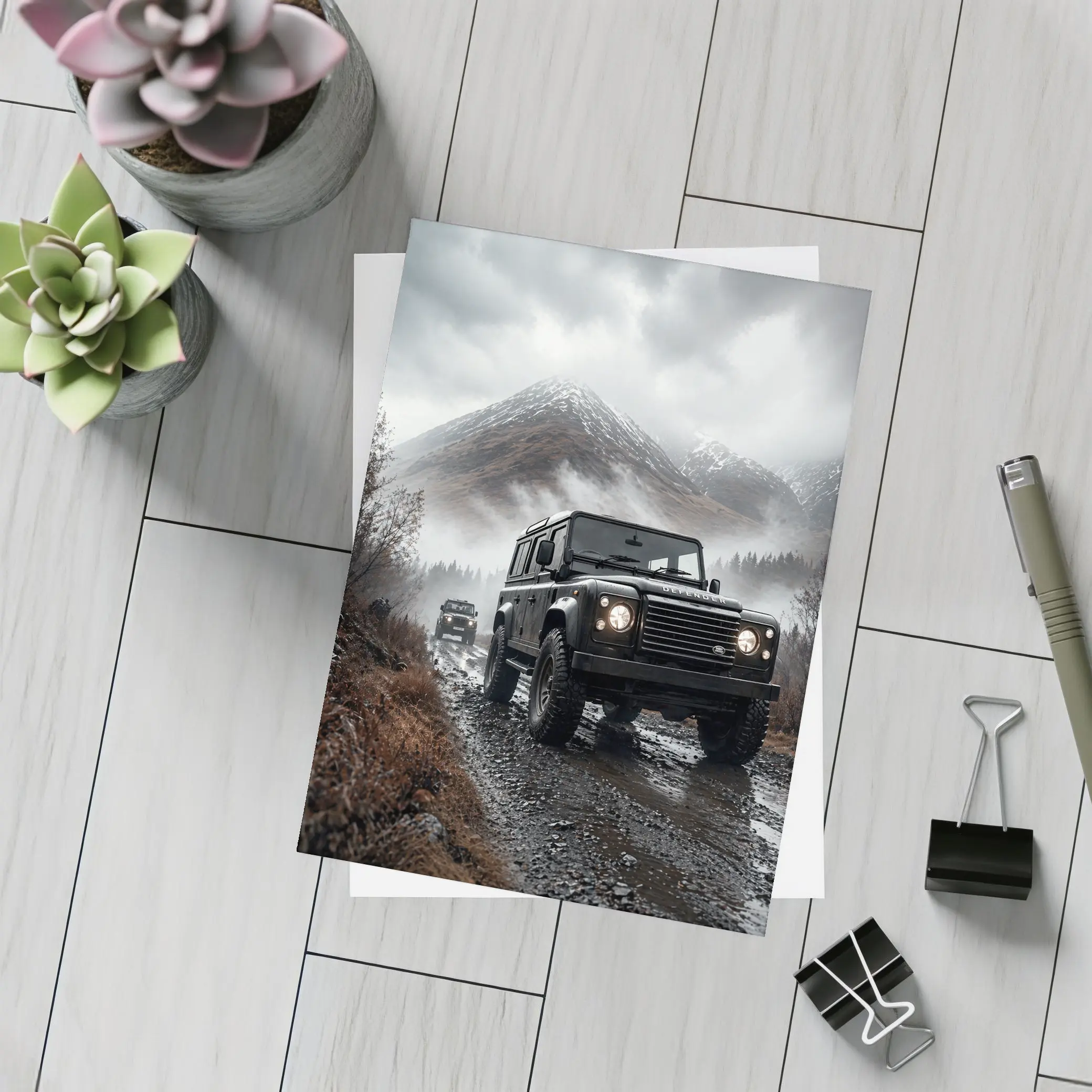 Land Rover Defender on Misty Mountain Trail – Postcards