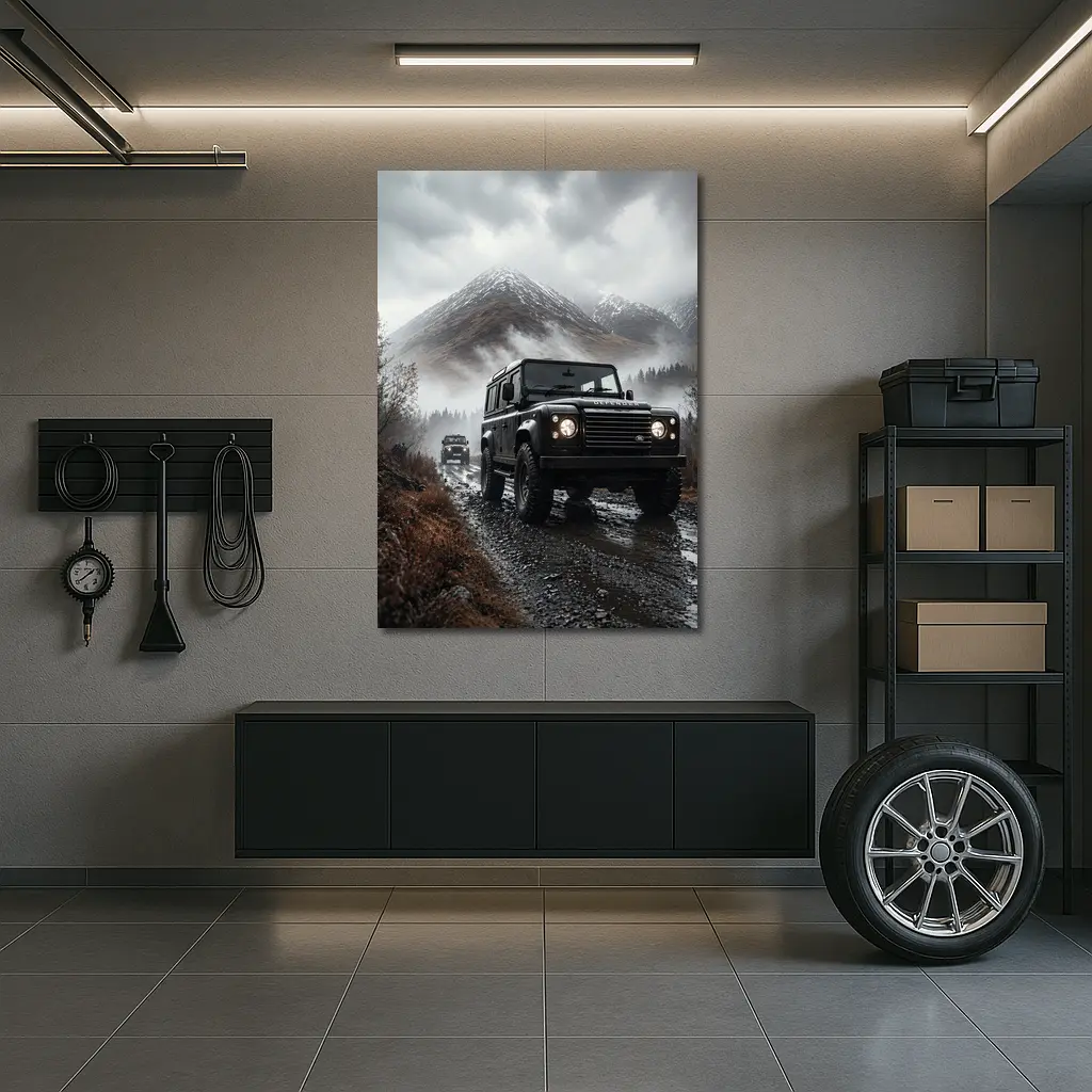 Land Rover Defender on Misty Mountain Trail – Wall Art