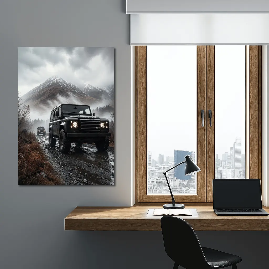 Land Rover Defender on Misty Mountain Trail – Wall Art