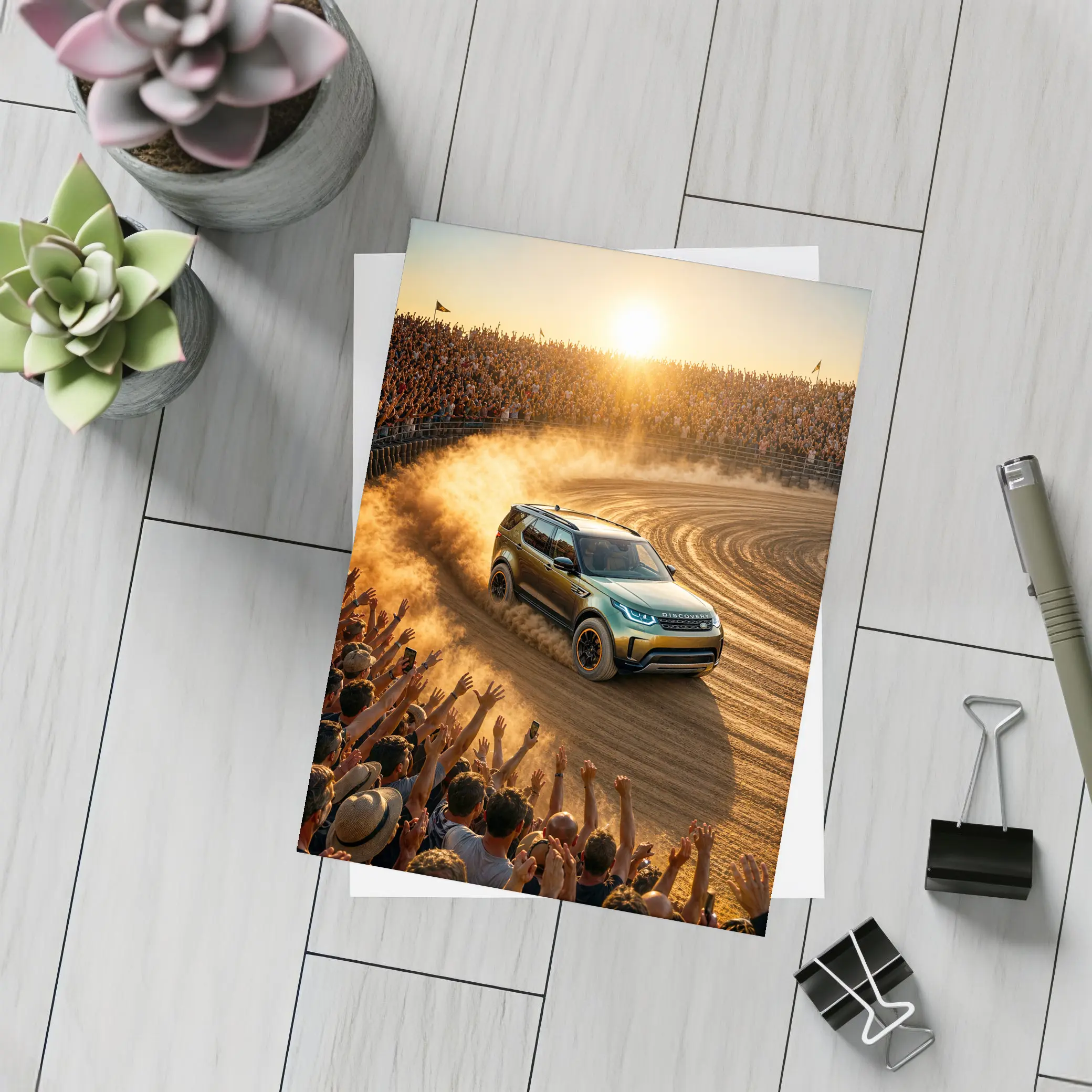 Land Rover Discovery Drifting Dirt Arena Crowd – Postcards