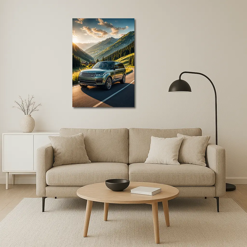 Range Rover Driving Mountain Valley Sunset Road – Wall Art