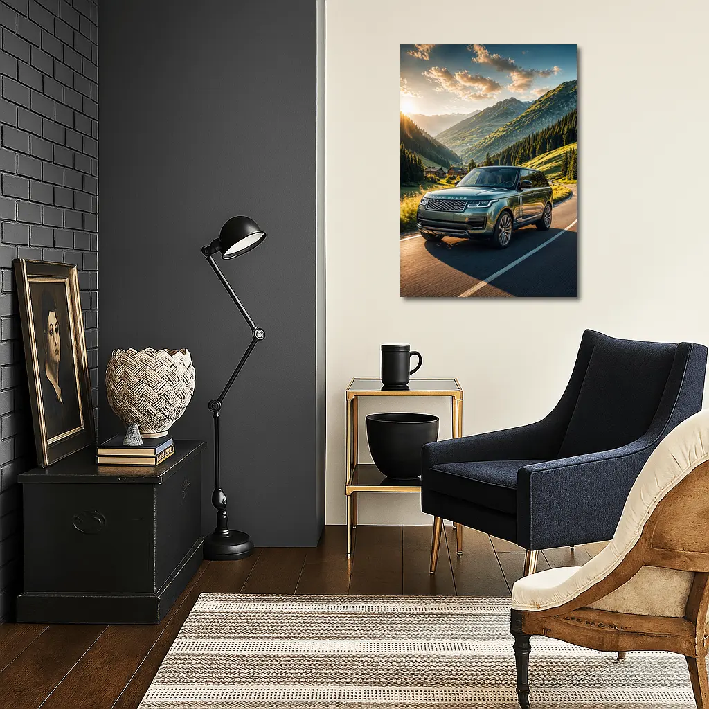Range Rover Driving Mountain Valley Sunset Road – Wall Art