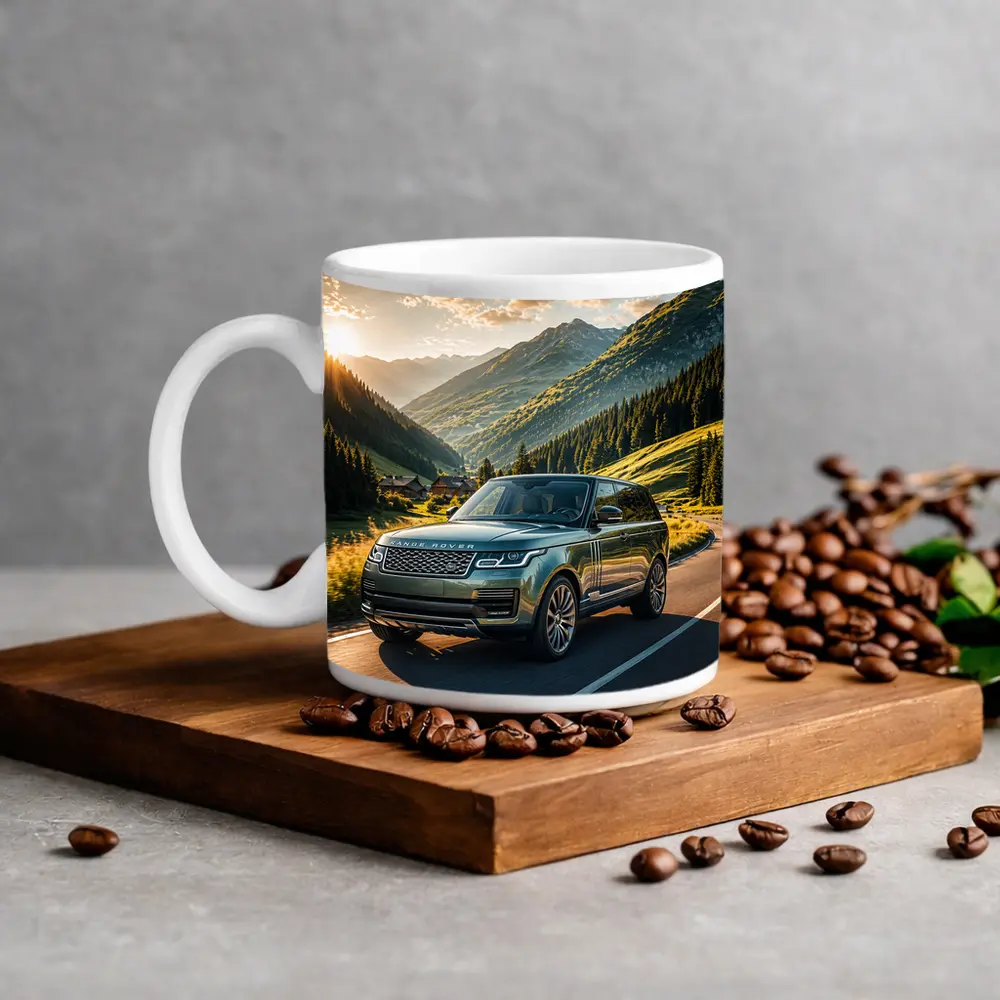 Range Rover Driving Mountain Valley Sunset Road – Mugs