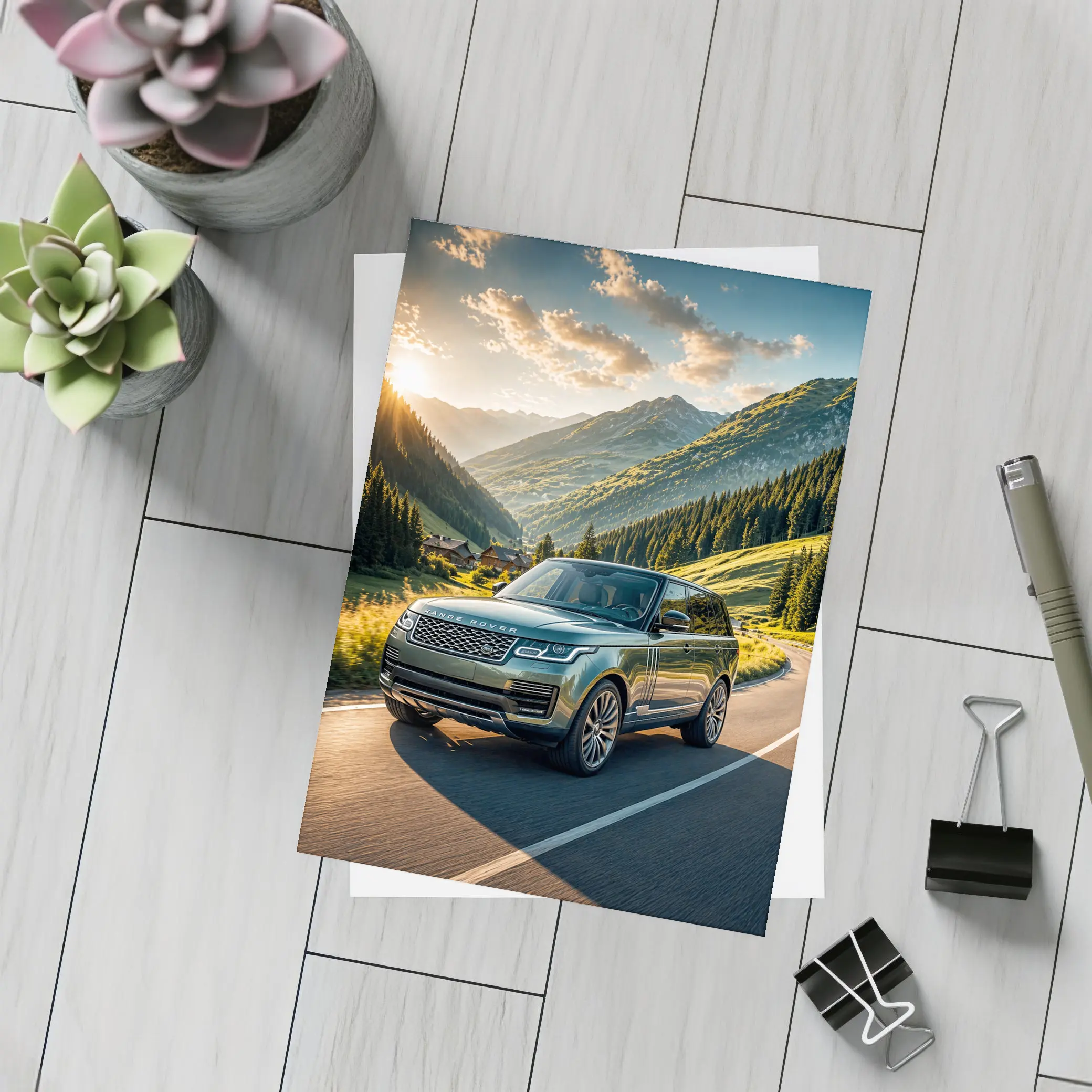 Range Rover Driving Mountain Valley Sunset Road – Postcards