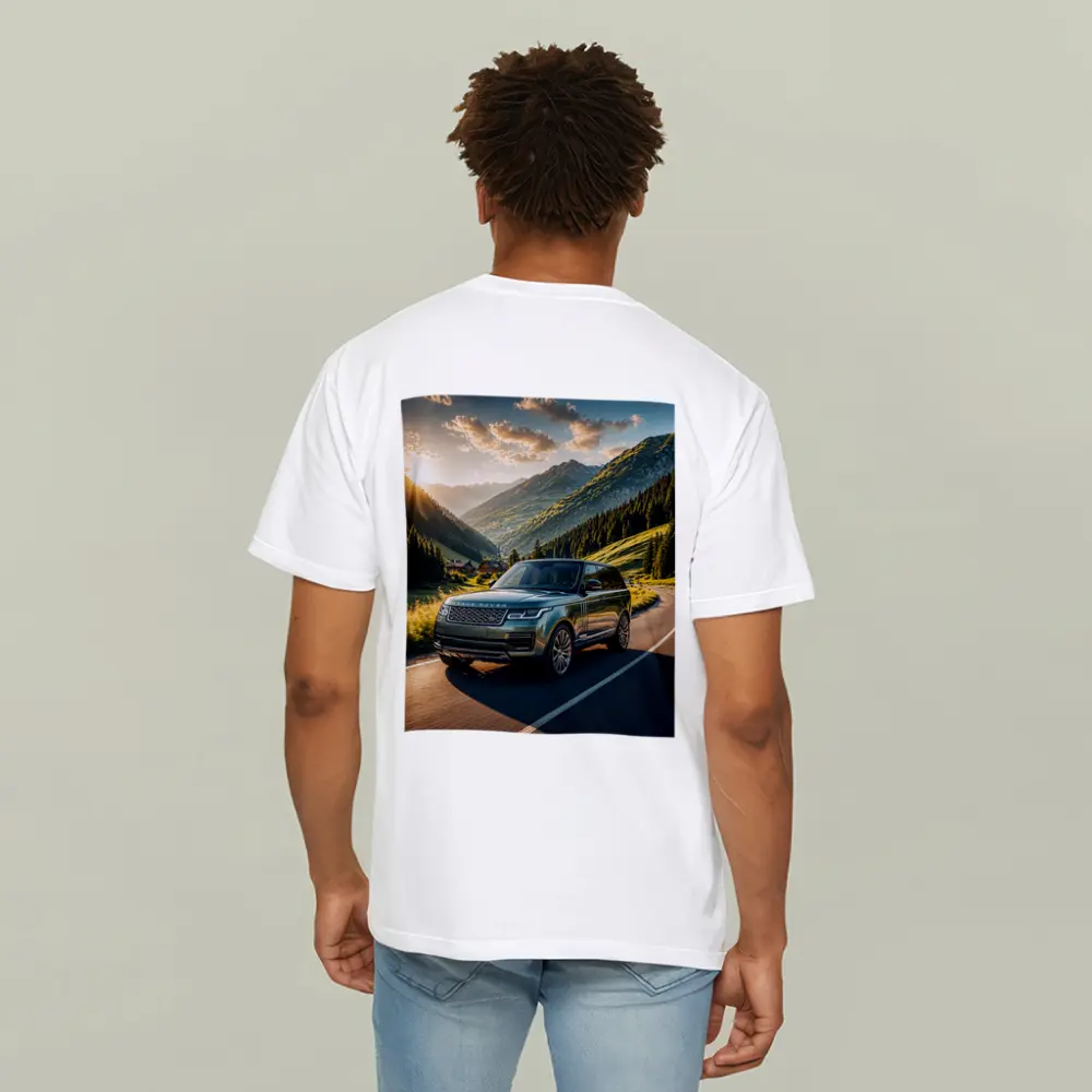 Range Rover Driving Mountain Valley Sunset Road – T-Shirts