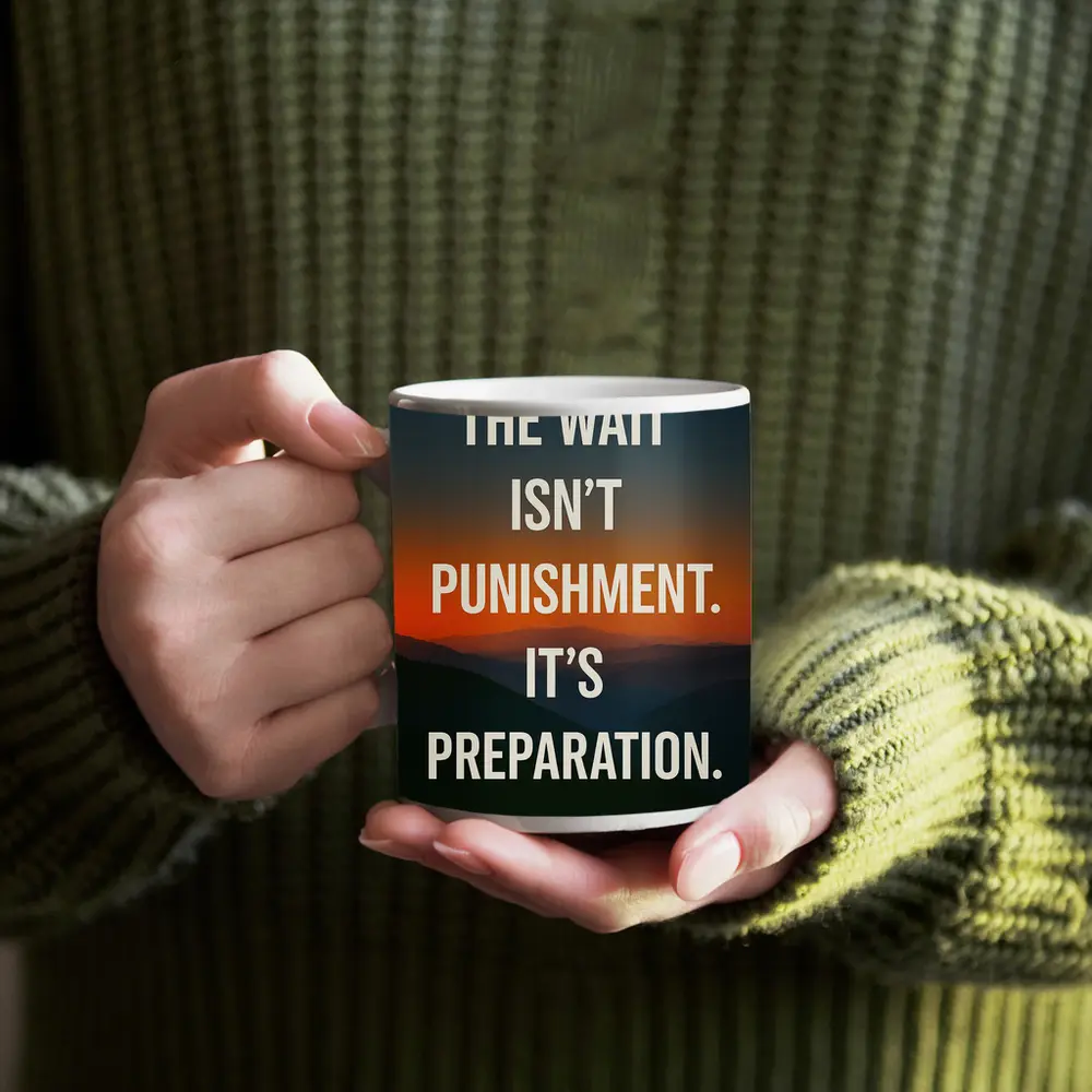 The Wait Is Preparation Sunset Mountain Quote – Mugs