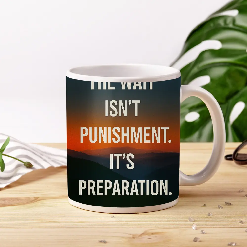 The Wait Is Preparation Sunset Mountain Quote – Mugs