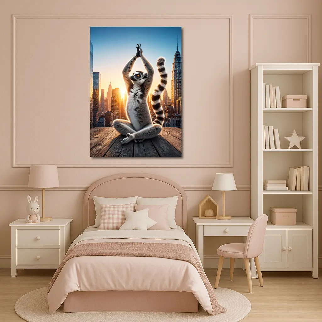Ring Tailed Lemur Doing Yoga City Skyline – Wall Art