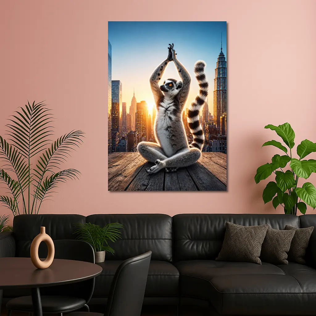 Ring Tailed Lemur Doing Yoga City Skyline – Wall Art