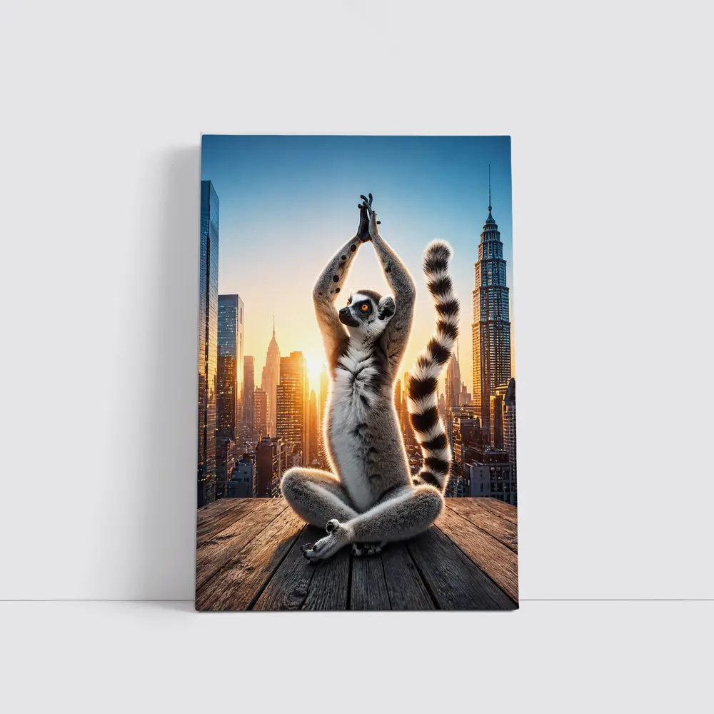 Ring Tailed Lemur Doing Yoga City Skyline – Wall Art