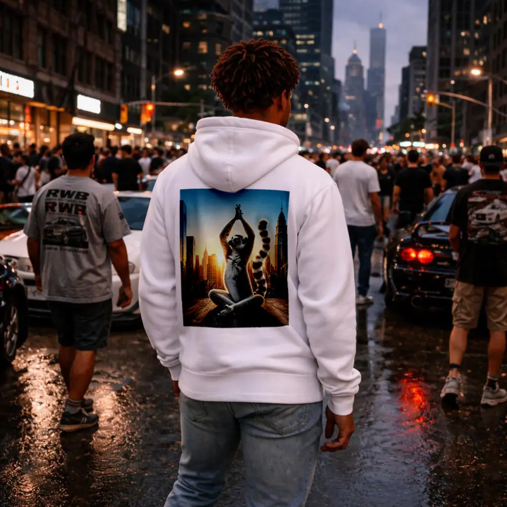 Ring Tailed Lemur Doing Yoga City Skyline – Hoodies