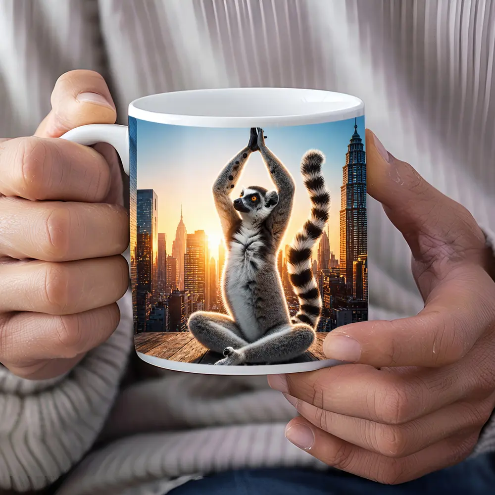 Ring Tailed Lemur Doing Yoga City Skyline – Mugs